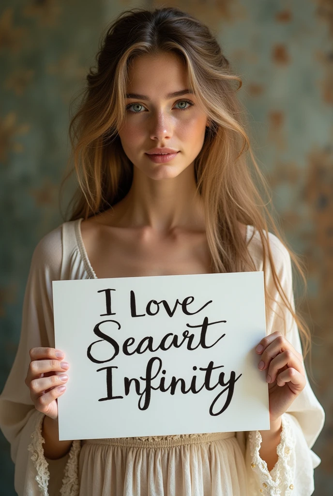 Beautiful girl with wavy long hair, bohemian dress, holding a white board with text "I Love Seaart Infinity" and showing it to the viewer