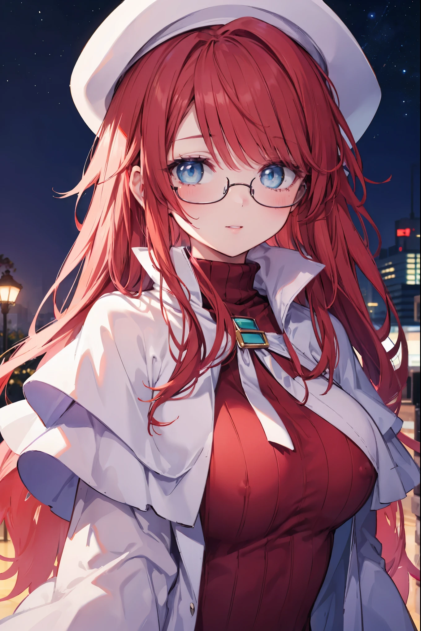 summonnightaty, aty, (young:1.3),long hair, blue eyes, red hair, big_tits, hat, glasses, BREAK long hair,, hat, dress,glasses, cape, sweater, beret,ribbed sweater,,solo, BREAK outdoors, fantasy, BREAK (masterpiece:1.2), best quality, high resolution, unity 8k wallpaper, (illustration:0.8), (beautiful detailed eyes:1.6), extremely detailed face, perfect lighting, extremely detailed CG, perfect anatomy),covered_nipples,half_eyes,sleepy_eyes,red_sweater,magical_effect,,Smile,closed_mouth,solo,in_modern_town_landscape,night_sky,solo,portrait,bust up,looking_viewer,shiny_lips,blush