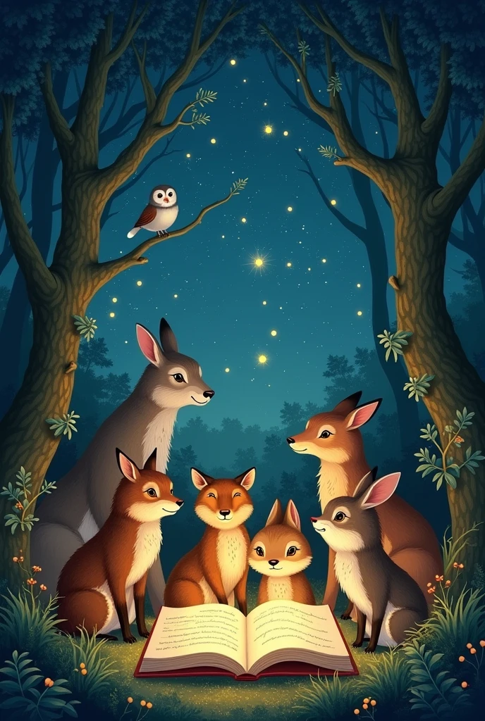 A starry night and lots of forest animals reading an animated book