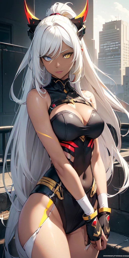 (best quality, 4k, high resolution: 1.2), anime, drawing, portrait, masterpiece, best quality, absurdities, (Official art, masterpiece, 8k, HD, ultra-detailed), ultra-detailed, portrait of a beautiful woman from dark skin, 32 years old, wearing combat gear, (heterochromia:1.3), red eyes on the right, heterochromia on the left yellow eye, details on the eyes, white eyelashes. A dark-skinned woman, dark skin, olive skin, tanned skin, (perfect anatomy:1.4), (highly detailed shading:1.2), perfect shadows, perfect lighting, hdr, cowboy photo, glowing skin, beautiful body, absurd resolution, CG wallpapers, beautiful face, detailed hands, expressive eyes, ((yellow left eye and red right eye:1.4)), AI-generated, Complex, High resolution, Highest quality, super high quality, 2D images、2D images, one person, Long white hair, ponytail, wavy hair, Anime woman posing for a photo, heterochromia, yellow left eye and red right eye、Bright eyes, a hyper-realistic, hyper-realistic anime woman, realistic, with long white hair, soft anime CG art, (dark skin: 1.3), mature body, (large breasts: 1.1), tall, slim waist