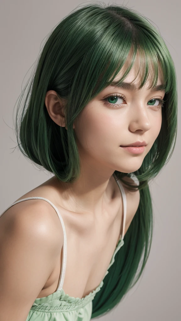 a girl, european, extremely detailed face, oval face, delicate facial features, charming and extremely detailed half-closed eyes, green eyes, long straight and very thick hairstyle, green hair, cheerful mood, soft and gentle expression