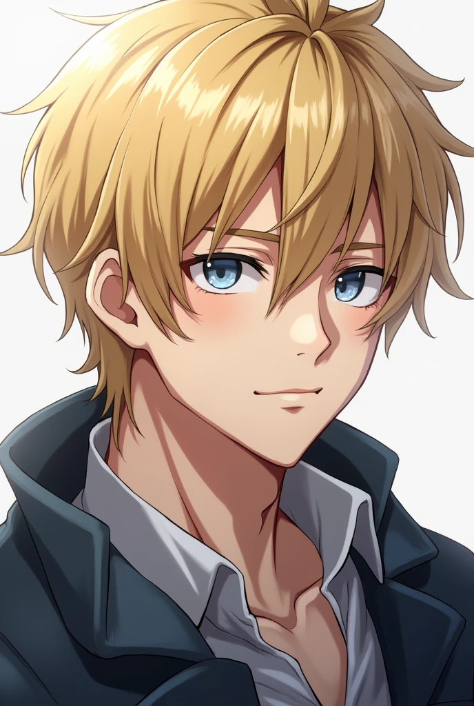 (photorealism:1.2), man, anime, Blonde, Gray-blue eyes, sly smile , shy