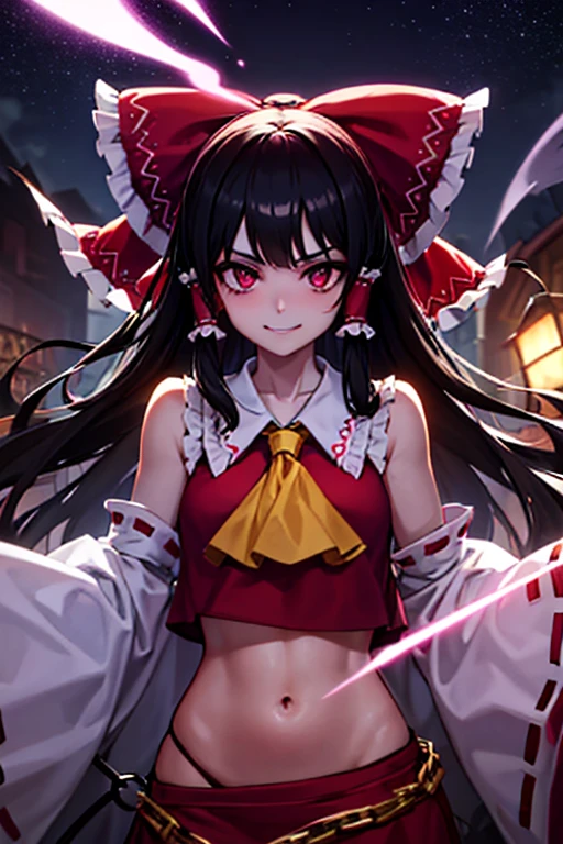 A glamorous purple-eyed Reimu with a devilish smile on her face as she casts a purple-pink chain of obedience spell on a dark road at night, controlling a black female monster.