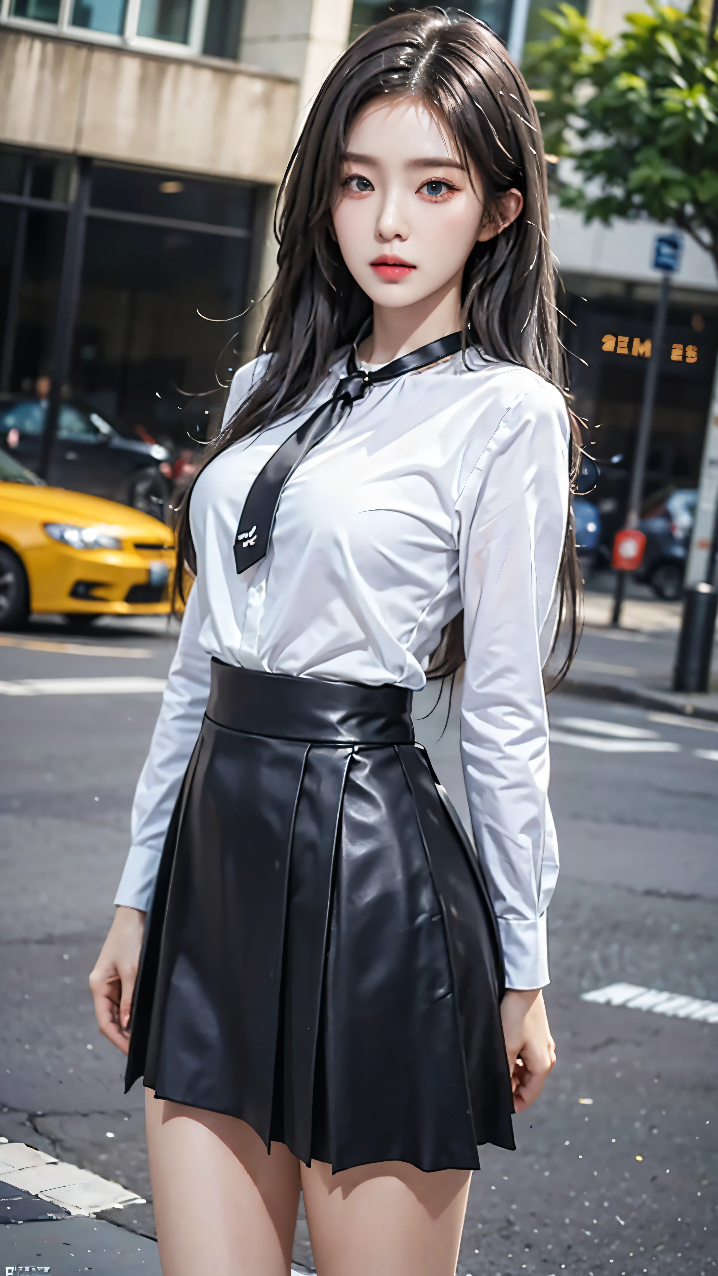 realistic, high resolution, 1 woman, butt up, beautiful eyes, gray hair, long hair, round eyes, collar shirt, belly button visible, black tie, black skirt, city street, short skirt that shows buttocks, dressed like a student