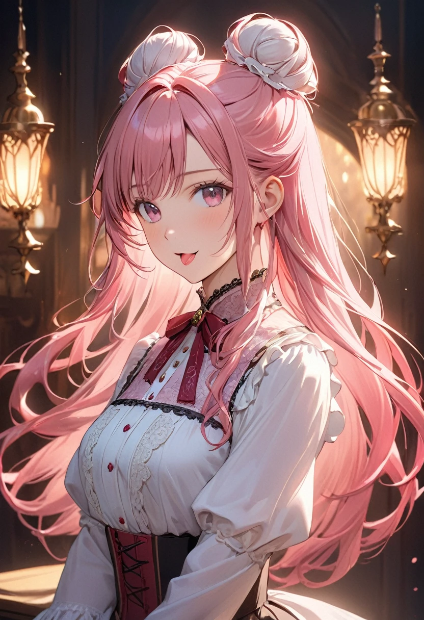 ((Highest quality))、((masterpiece))、(detailed)、High resolution、Perfect Face、detailedな目、 (Hair Ribbon:0.4), Pink Eyes,(((White bun hair))),(((Pink long hair))),Cinematic lighting、1 beautiful girl、victorian blouse、Gorgeous embroidery、Small breasts、Sticking out tongue