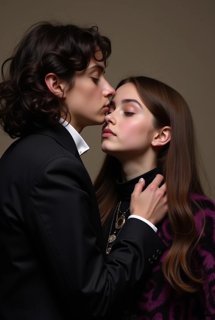Scherlock Holmes from the BBC Scherlock series licking the neck of a 14 year old girl with long, wavy brown hair wearing a black and purple white fur blouse 