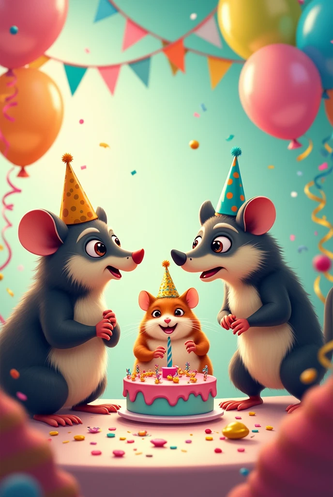 A possum and a crow in the middle and a hamster at a birthday party laughing