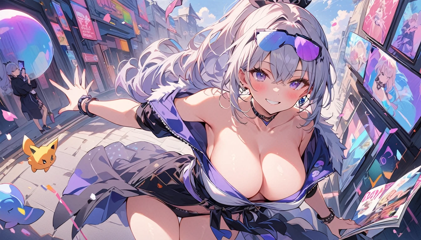masterpiece, Highest quality, whole body, One Girl, bangs, black choker, blush, bracelet, chest, choker, clothes Surrounding area waist, clavicle, Cowboy Shot, ear Earrings, Eyebrows visible through hair, Gradient Hair, Grin, repair, jewelry, Kogal, Long Hair, Show Viewer, Earrings, Red eyes, ring, , smile, alone, street, null, cherry blossoms, petal,shape, (magazine:1.3), (cover-style:1.3), fashionable, woman, Vibrant, stop temporarily, front, colorful, dynamic, background, element, Be confident, performance, Holding, statement, accessories, Majestic, Coiled, Surrounding area, touch, scene, article, cover, bold, to attract attention, title, stylish, font, Catchy, Heading, big, impressive, Modern, tendency, concentrate, fashion,((masterpiece)), Highest quality, Absurd, Very detailed, Holographic, Cowboy Shot, ダイナミックなstop temporarily, Golden Ratio, Very cute girl, Mature Girls, so beautiful, Super beautiful asian girl with super beautiful purple eyes, so beautiful white hair, Glowing Skin, High Ponytail, 素敵でsexyなボディ, Slim and delicate body, Perfect body, Cute Panties, Fox Headset, Take a photo with a cute alien spaceship,naked,Big Breasts,sexy