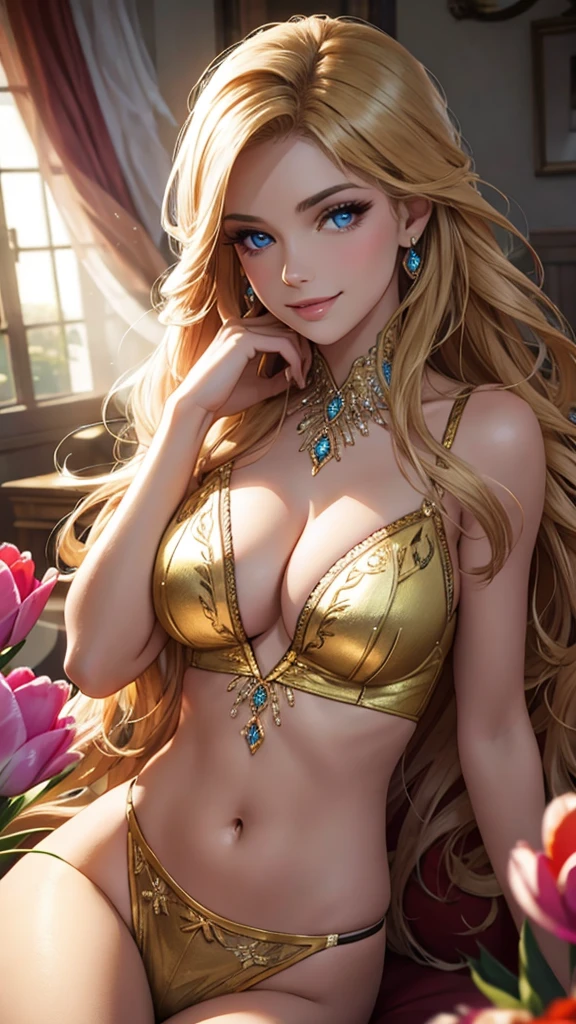 (best quality,ultra-detailed,photo-realistic:1.37),bright and vibrant colors,studio lighting,playful expression,stylish makeup,long blonde hair flowing in the wind,alluring eyes,glossy lips,sexy pose, Tulips, smiling in a confident and seductive way,posing for a professional photoshoot,shallow depth of field,highlighting the main subject,soft natural lighting,creating a dreamy and magical atmosphere.