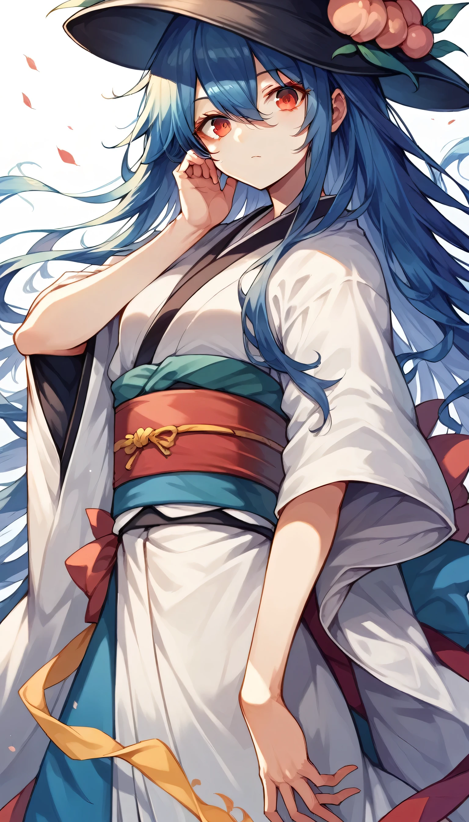 1girl, solo, japanese clothes, sash, kimono, bangs, looking at viewer, obi, gradient,hinanawi tenshi,red eyes,blue hair,very long hair,hair between eyes,hat