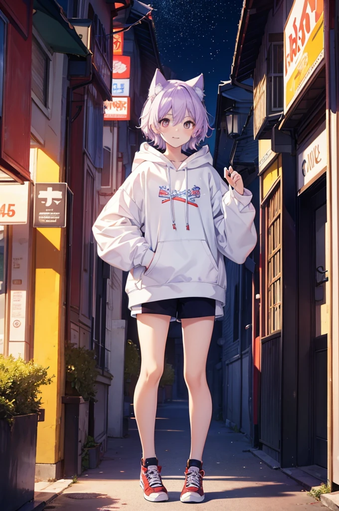 Full body portrait,boy,Light purple hair,Orange Eyes,Cat ear,,Around ,White hoodie outfit,Mouth open,smile,Moe sleeves,Gao's Pose