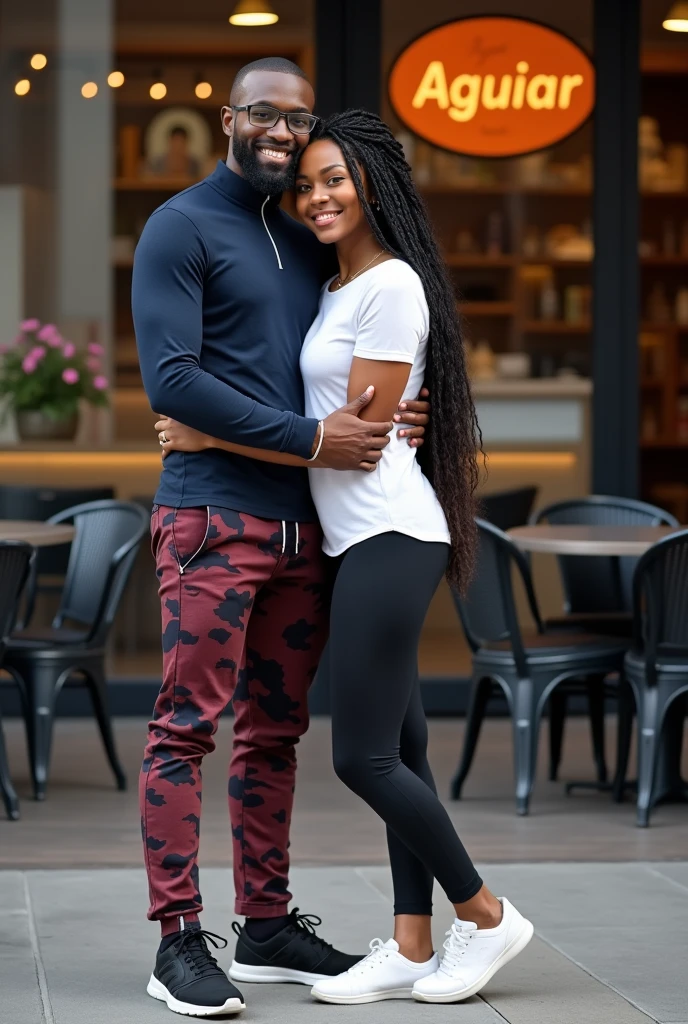 A light-skinned brown man with a dark blue, tight-fitting zippered shirt and wine-colored army camouflage pants and black sneakers, has a beard and glasses, hugging a black woman with long, curly hair pulled back and wearing a white shirt, black pants and white sneakers, and they are in front of a bakery called Aguiar, which has an orange logo and the tables and chairs are dark.