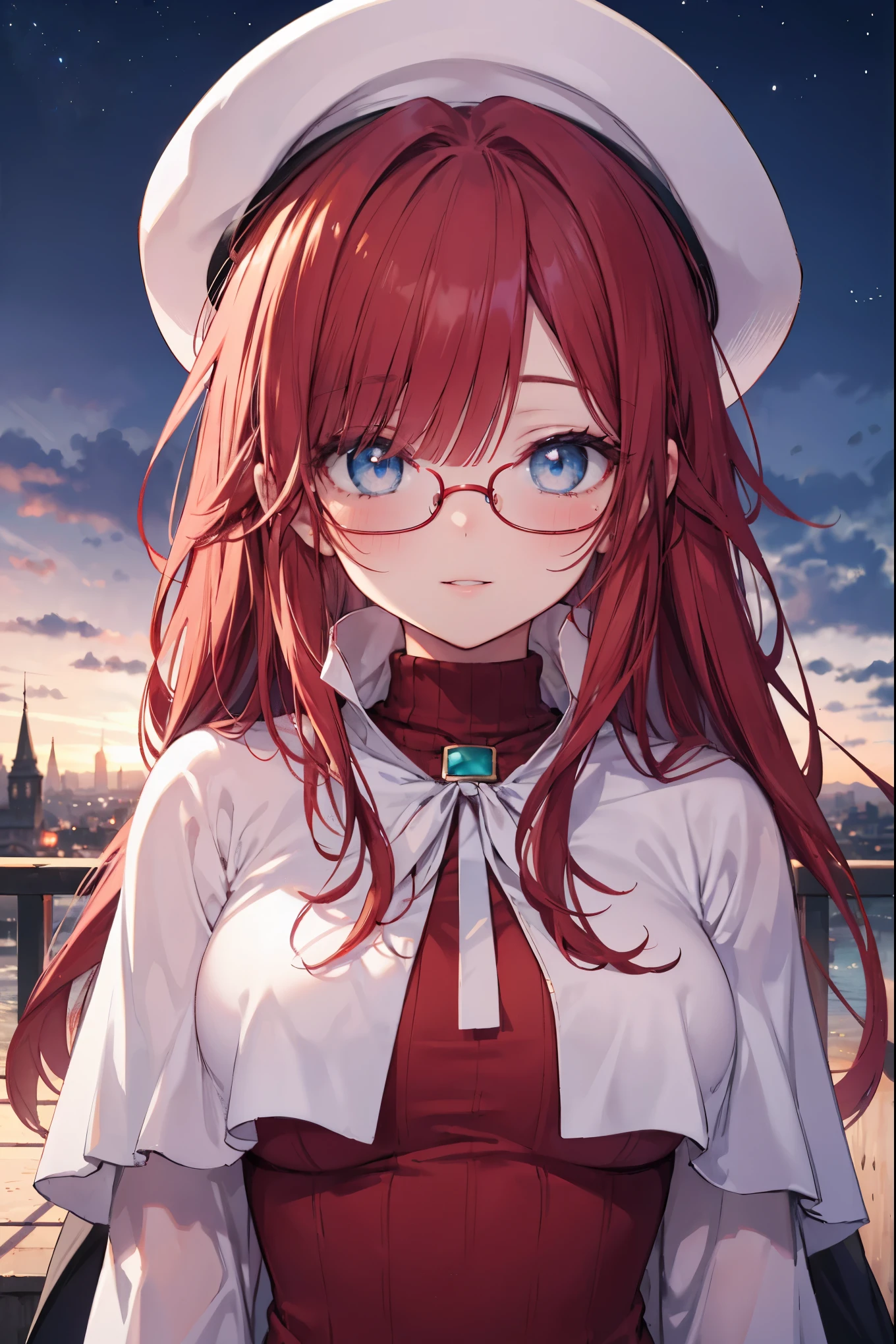 summonnightaty, aty, (young:1.3),long hair, blue eyes, red hair, big_tits, hat, glasses, BREAK long hair,, hat, dress,glasses, cape, sweater, beret,ribbed sweater,,solo, BREAK outdoors, fantasy, BREAK (masterpiece:1.2), best quality, high resolution, unity 8k wallpaper, (illustration:0.8), (beautiful detailed eyes:1.6), extremely detailed face, perfect lighting, extremely detailed CG, perfect anatomy),covered_nipples,half_eyes,sleepy_eyes,red_sweater,magical_effect,,Smile,closed_mouth,solo,in_modern_town_landscape,night_sky,solo,portrait,bust up,looking_viewer,shiny_lips,blush