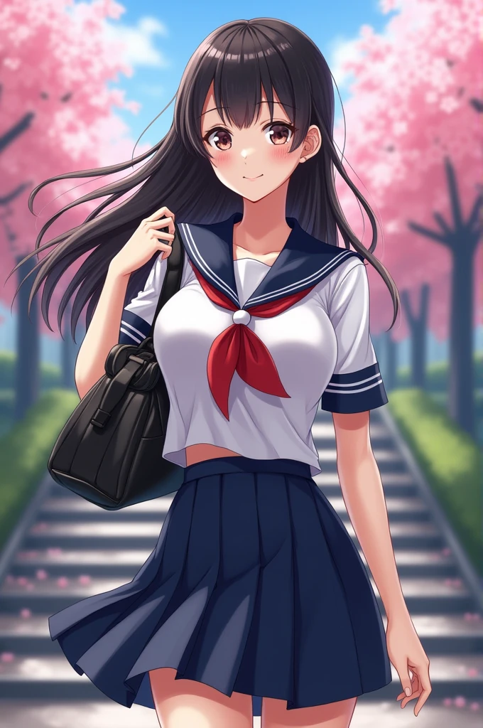(master piece, best quality:1.5), perfect lighting, perfect angle, cute eyes, (round eyes:1.2), (foreshortening:1.3),
1woman, large breasts, (up skirt:1.5), (wind effect:1.2), (show off panties:1.5), (cowboy shot:1.5), (surprised:1.1), open mouth, (thighs:1.2),
(right in front:1.5), (straight-on:1.5),
(white panties:1.5), school uniform, white sailor suit, red neckerchief, white perfect long sleeve sailor blouse,
(walking:1.3),
(navy blue skirt:1.2),
spring,
Cherry blossom trees, stairs, (holding a sports bag:1.1),
(black brown hair:1.1), dark eyes, (straight long hair:1.2), (hair tucking:1.3),
