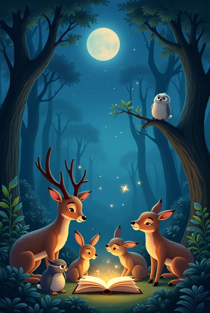 A starry night and lots of forest animals reading a flip book