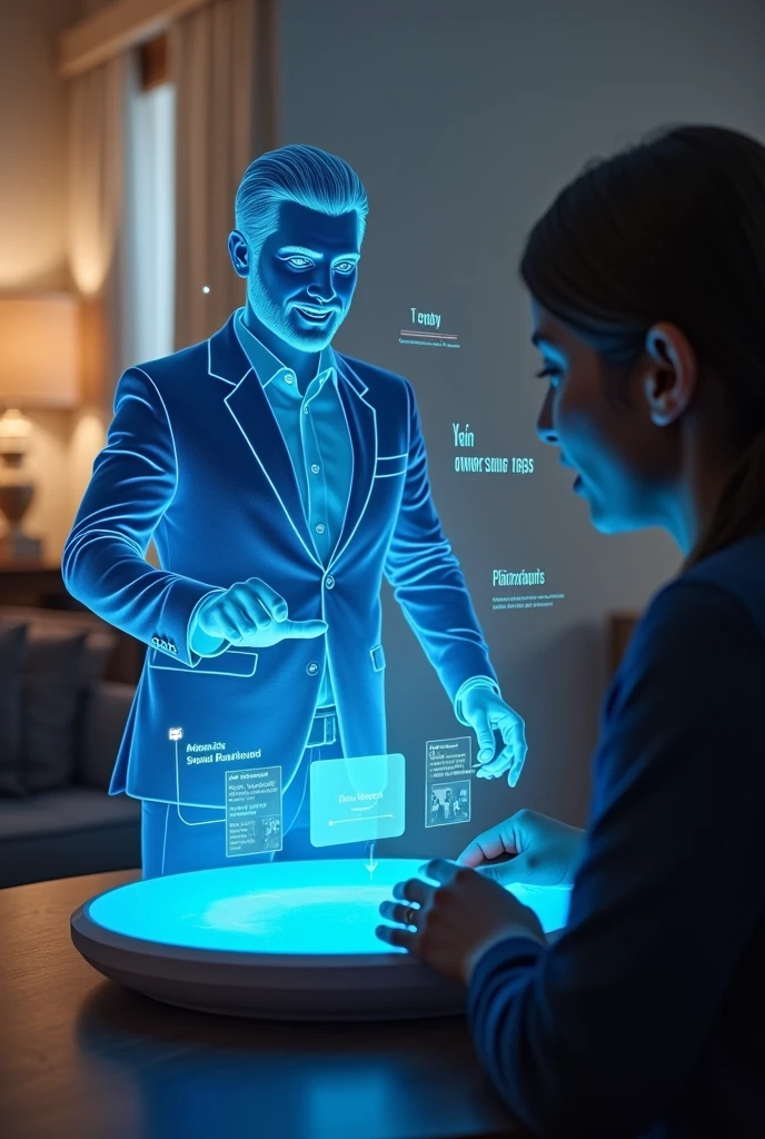Understood! Here's the revised description with the hologram being visually appealing:
**Image Description:**
The scene is set in a modern, well-lit room. At the center of the table, there is a circular device projecting a beautifully designed blue hologram of a male virtual assistant. The hologram is medium-sized, standing at the edge of the table, and has a polished, attractive appearance.
The hologram features a sleek and friendly design, with a refined and engaging expression. The interface he displays is clear and visually appealing, showcasing a music library with album covers and playlists. He is gesturing towards the interface or the device in front of the user, assisting with the selection of a song.
The user, seated at the table, interacts with the device or the hologram, with the blue, aesthetically pleasing hologram clearly involved in the process. The hologram's elegant appearance adds a touch of sophistication to the interaction.
The room is modern and well-lit, with minimal distractions to keep the focus on the interaction between the user and the attractive hologram. The blue hologram is a central, eye-catching element, enhancing the experience of choosing music to play.
**Key Elements:**
- Modern, well-lit room
- Circular device projecting a beautifully designed blue hologram
- Attractive, friendly male hologram in blue
- Visually appealing holographic interface with music and album covers
- User interacting with the device or hologram
- Focus on the engaging interaction between the hologram and the user