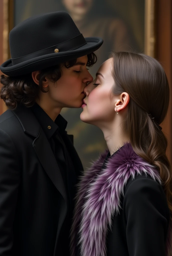 Scherlock Holmes from the BBC Scherlock series licking the neck of a 14 year old girl with long, wavy brown hair wearing a black and purple white fur blouse