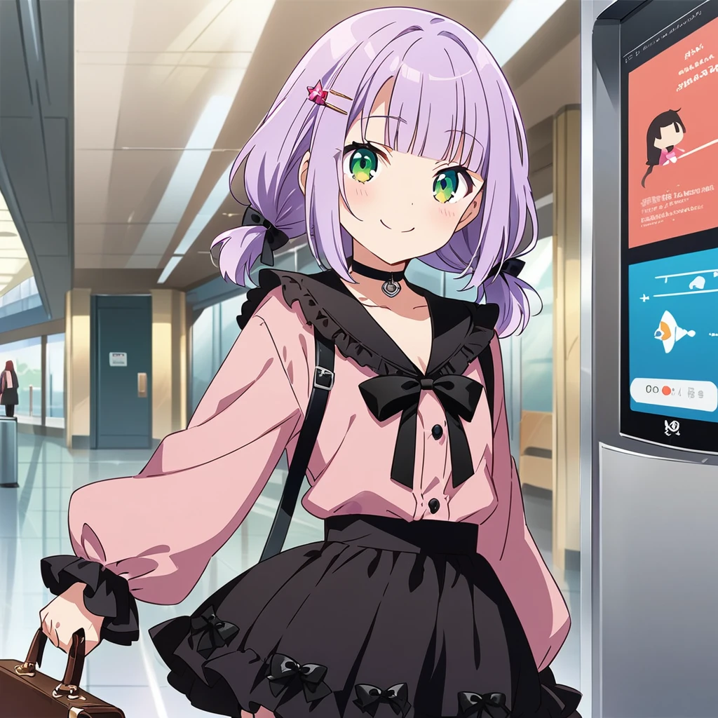 A girl, (a girl with closs hair pin, looking at viewer. Light purple hair, low twintail hair, blunt bangs,smiling face, green eyes. closs hair pin, pink shirt, cosplay, jirai kei, bangs, black skirt, black bow, looking at viewer, bow, long sleeves, choker, ribbon:1.4), anime visual, (tilt head:1.3),Cute, Kawaii, Masterpiece, Detailed Drawing, Illustration, Official Art,At the airport entrance, a girl dragging a suitcase searching for someone,