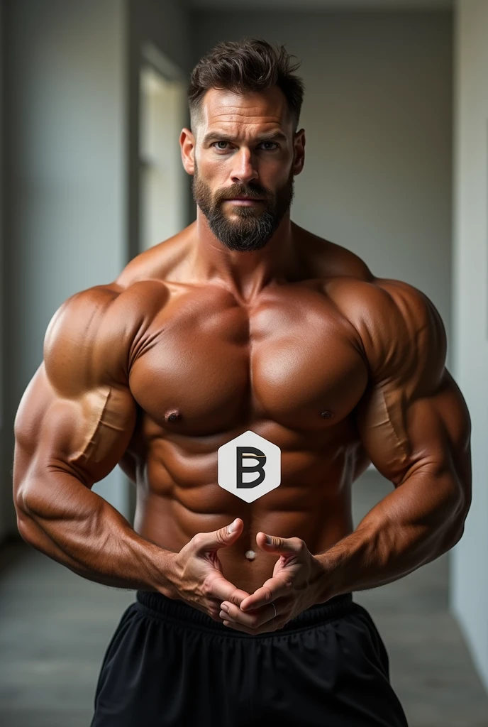 Make bodybuilder Chris Bumbstead a bone partnering with a company called Beefund He holding the company logo in his hand The company logo and a letter B