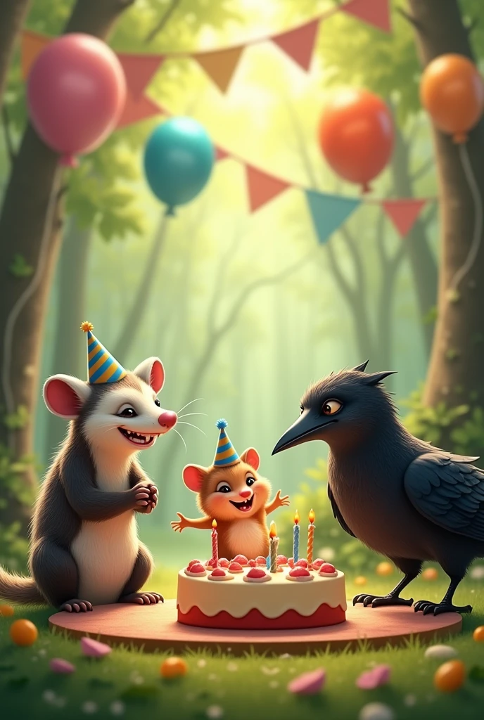 A possum and a crow and a hamster at a birthday party laughing