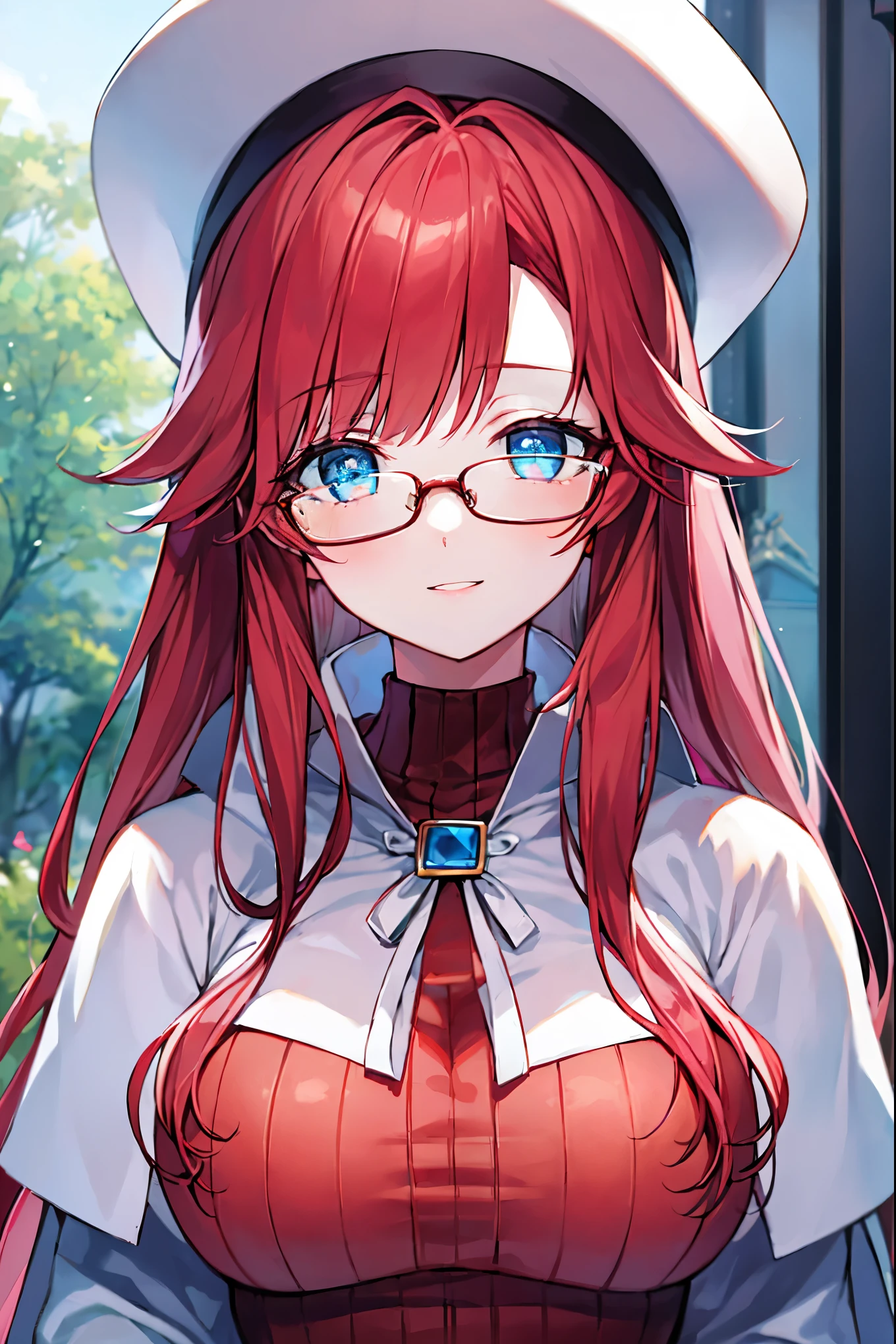 summonnightaty, aty, (young:1.3),long hair, blue eyes, red hair, big_tits, hat, glasses, BREAK long hair,, hat, dress,glasses, cape, sweater, beret,ribbed sweater,,solo, BREAK outdoors, fantasy, BREAK (masterpiece:1.2), best quality, high resolution, unity 8k wallpaper, (illustration:0.8), (beautiful detailed eyes:1.6), extremely detailed face, perfect lighting, extremely detailed CG, perfect anatomy),covered_nipples,half_eyes,sleepy_eyes,red_sweater,magical_effect,,Smile,closed_mouth,solo,in_modern_town_landscape,night_sky,solo,portrait,bust up,looking_viewer,shiny_lips,blush