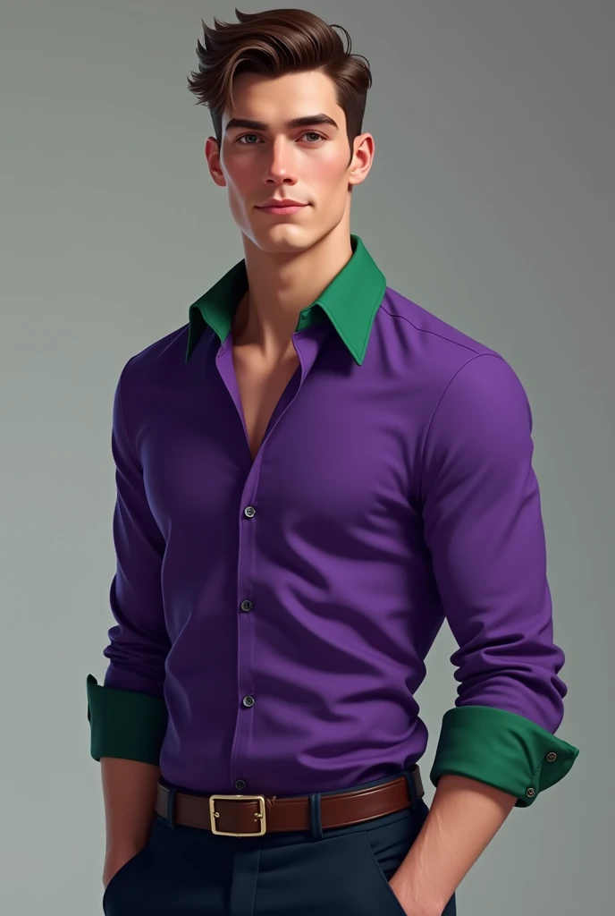 Draw a man with a purple shirt that has a double cufflink., with the green collar and the young man