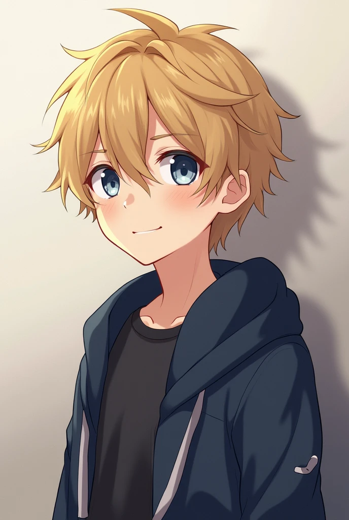 (photorealism:1.2), boy , anime, Blonde, Gray-blue eyes, sly smile , shy, sharp