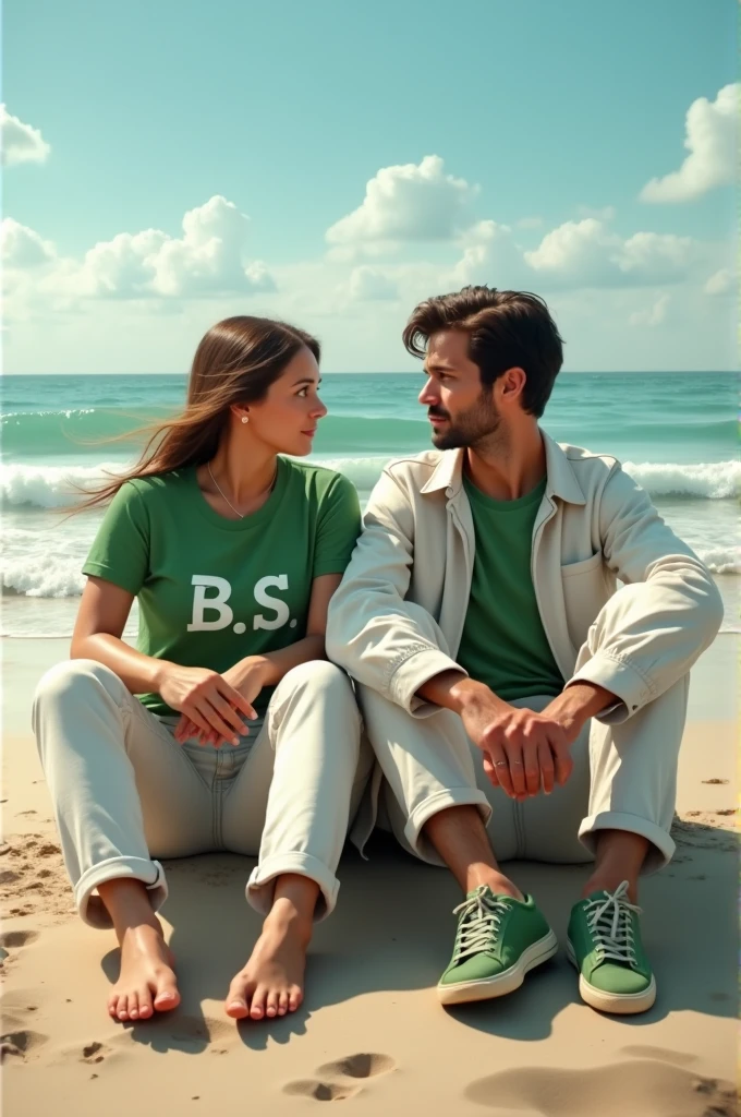 Create an Real image featuring a enemy couple sitting on the beach in Hart.The couple wears a green T-shirt with ‘B.S’ printed on it, white jacket, white pants, green shoes.