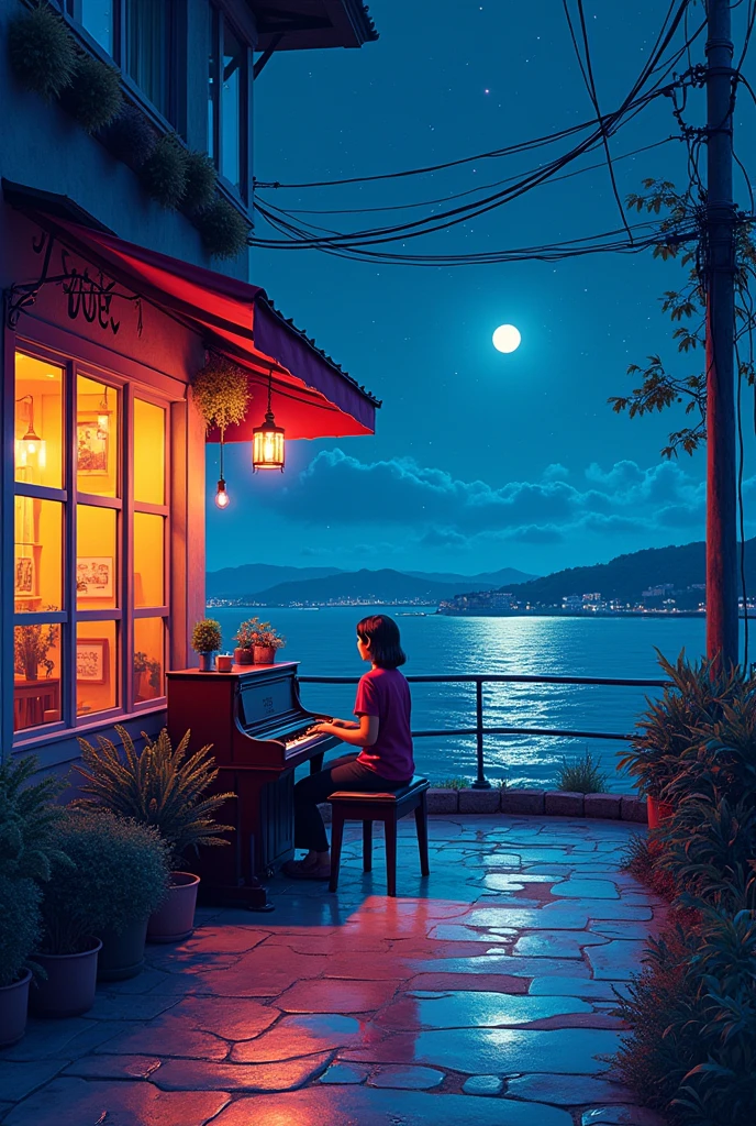 A cafe with a jazz piano playing， dream, Please wear headphones., night light, Neon landscape on a rainy day, Analog color theme, Lo-Fi Hip Hop , retrospect, flat, 2.5D ,Draw a line, ink painting, Osaka Road, Watercolor painting, Gouache paint, Studio Ghibli Style, very colorful, Outerton, Kraut Lock, Lofiato,Old meat, Amplitude,Psychedelic atmosphere, Masterpiece, Technology of Wonders,on the bed，Darken the room，Beautiful nighttime seaside with a starry sky outside the window.