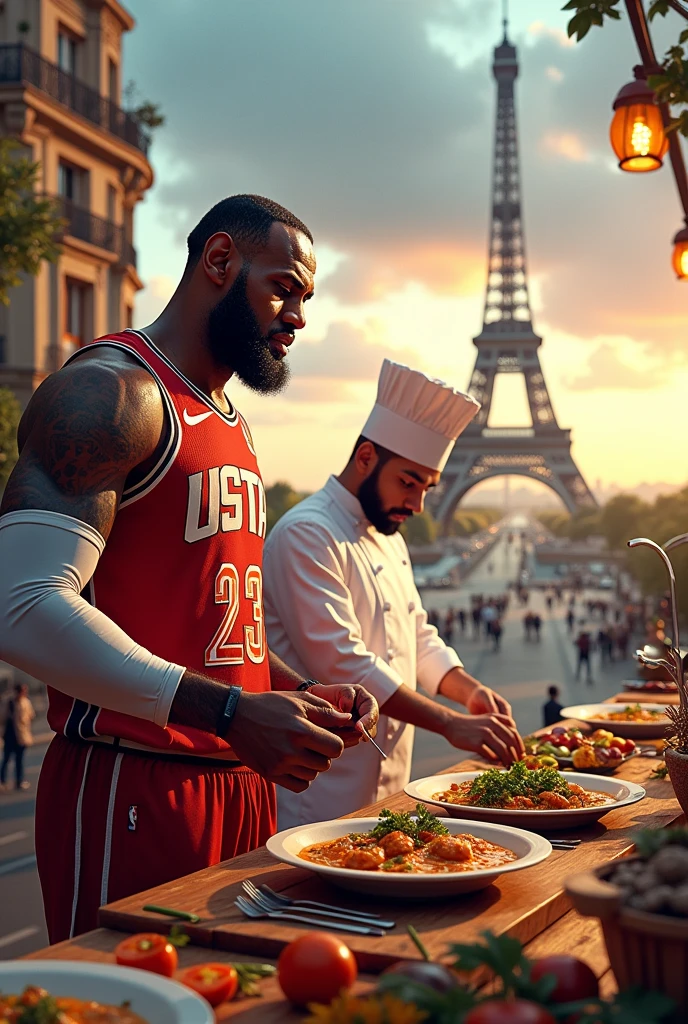 Make curry and lebron james together in front of the paris tower, with the United States shirt