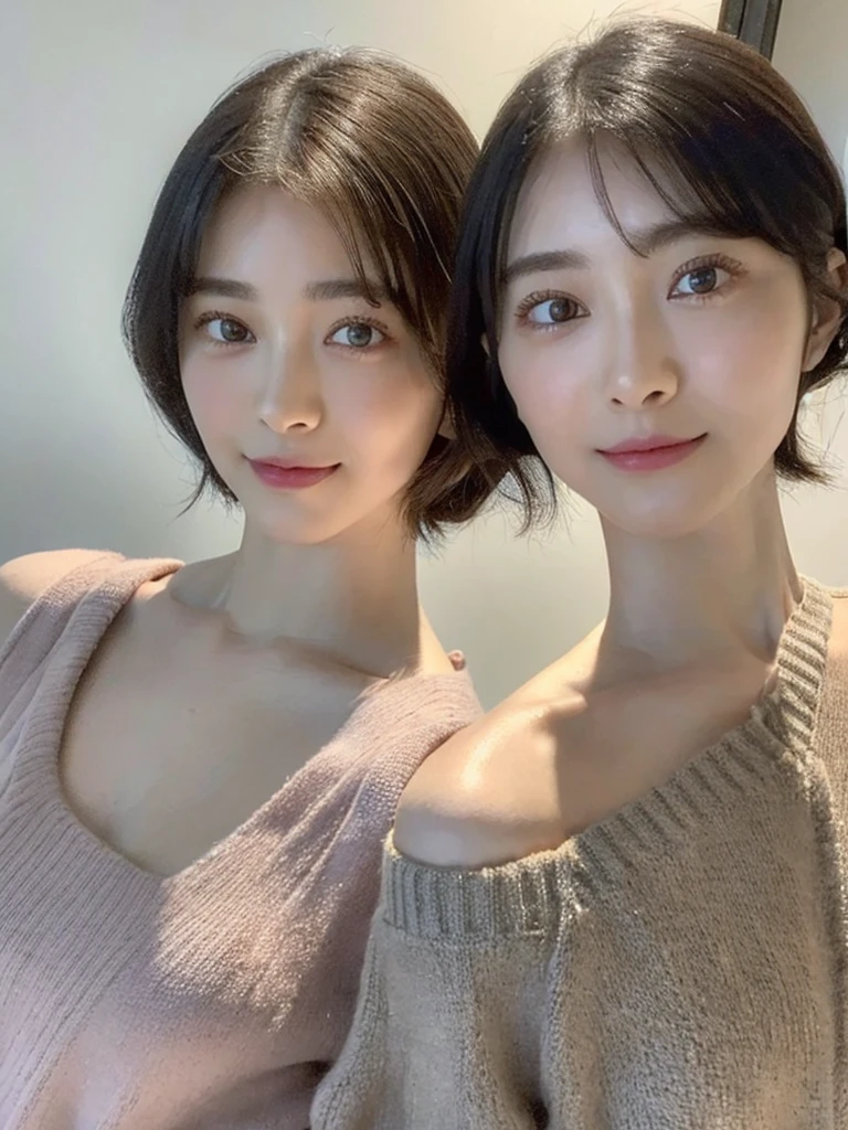 (masterpiece:1.3), (8k, Photoreal, Raw photo, best image quality: 1.4), Japanese high school girl、(random hairstyle:1.2)、cleavage:1.5、super detail face、eye for details、double eyelid、chest to chest、sharp focus:1.2、Beautiful woman:1.4、light brown hair、highest quality、masterpiece、超A high resolution、(Photoreal:1.4)、Highly detailed and professionally lit smiles、loose and light knitwear、shoulder out、thin、serious expression、short haired、deadly position
similar identical twins
All the girls have the exact same face, The two have the same face and figure, as if they were mirror images.