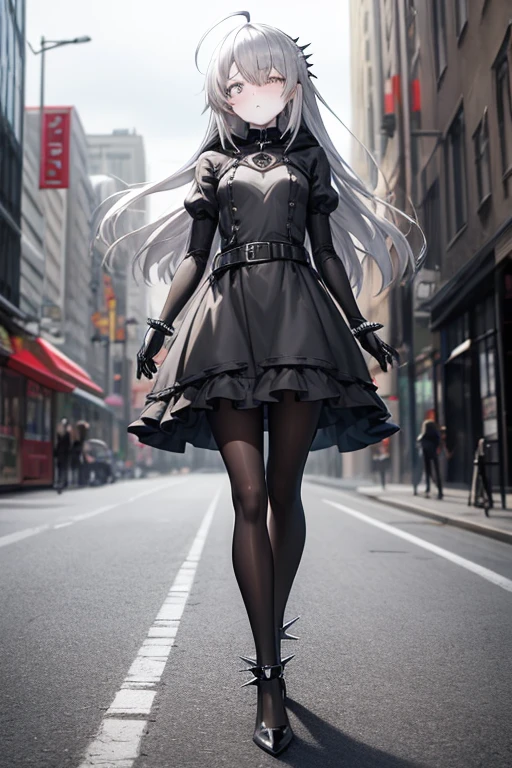 ((best quality)), ((masterpiece)), (detailed), 1 girl, full body, 18 years old, depressed face, silver eyes, blushing, silver hair, long hair, ahoge, bangs, lock of hair covering her right eye, full body, very tall, very small breasts, flat chest, thin body, grey hood, metal spikes, grey wristbands, long black gloves with spikes, grey gothic outfit, gothic lolita dress, puff sleeve, grey dress with metal spikes, metal emblem, somewhat tight, black belt, pale skin, black pantyhose, black shoes, walking through the city, metal spikes coming out of the road, looking at me, city background, anime