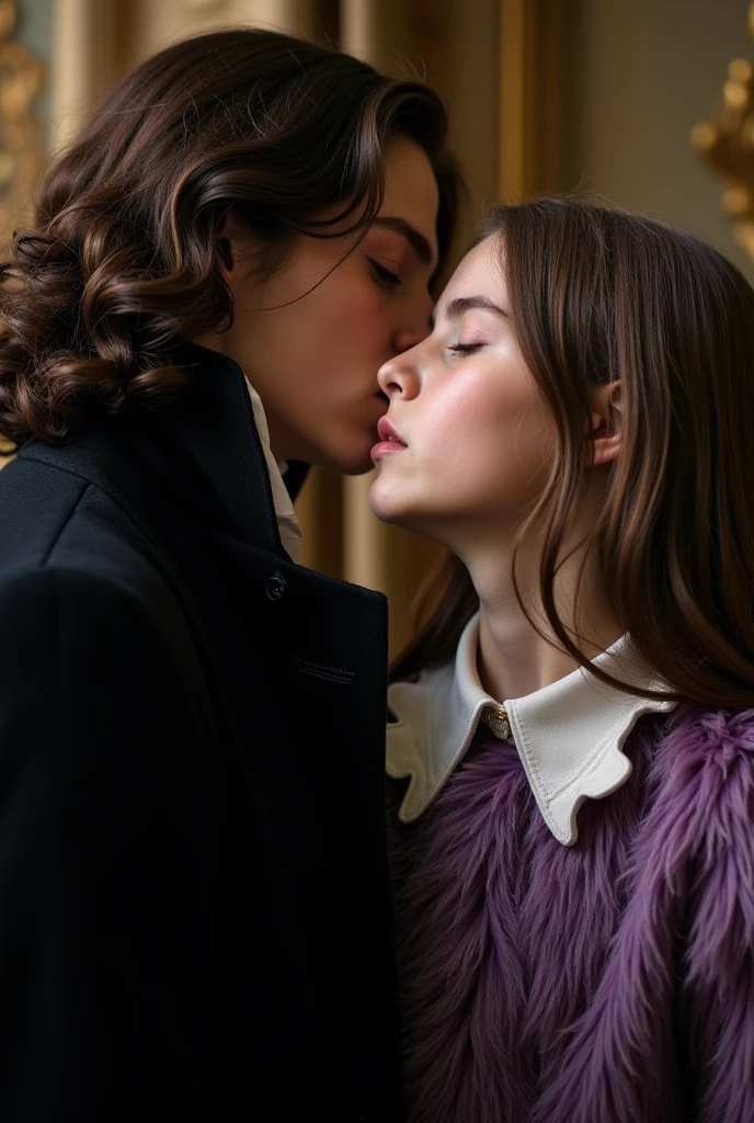 Scherlock Holmes from the BBC Scherlock series licking the neck of a  girl with long, wavy brown hair wearing a black and purple white fur blouse