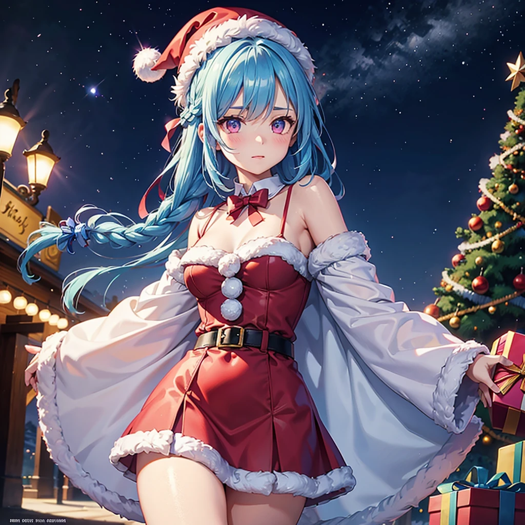 (Sky blue hair),(Braided Hair), (Pink Eyes),Fair skin) ,(whole body),(One Girl),(Gift boxes filling the background),(Santa Claus clothes),Santa Claus hat,(Christmas Party),(masterpiece, Highest quality, Very detailed, Best Shadow), (Detailed Background), (Beautifully detailed face), High Contrast, (Best lighting, Very delicate and beautiful), ((Cinematic Light)), Hyper Detail,8k, Dramatic Light, Intricate details,night,The background is a Western-style castle
