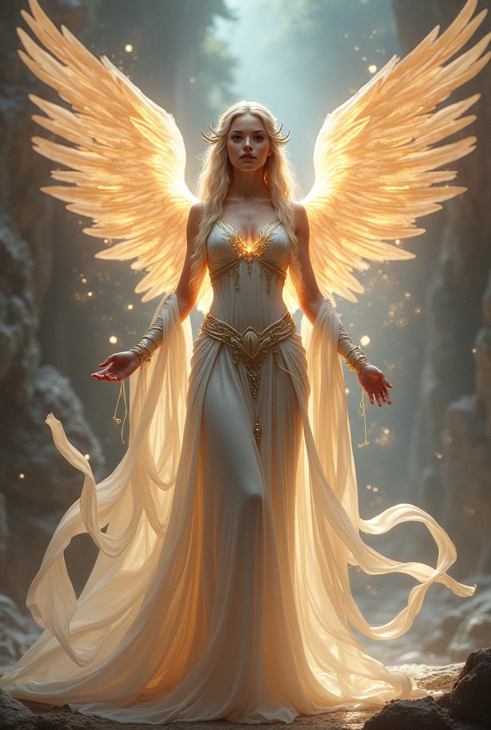 “A full-body portrait of Menethiel, the Angel of Balance, in a majestic and imposing pose. Menethiel has a calm yet powerful expression, with eyes reflecting wisdom and determination. Her wings are unique, appearing as flowing ribbons of light instead of traditional wings, gracefully extending from her back and glowing with a balanced, ethereal energy. Her attire is intricate, combining elements of strength and elegance, with armor that hints at both protection and fluidity. Around her, subtle energy circles or symbols of balance can be seen, reinforcing her control over equilibrium. The background blends light and dark elements, symbolizing her role in maintaining balance between opposing forces.”