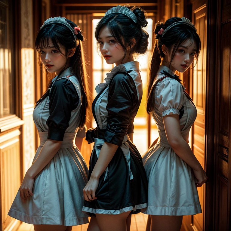 SFW, (Extremely Detailed((Kawaii Maid Group in a row:1.37))), Childish perfect face, Reflective Eyes, Detailed(Delicate Clothing textures), Dynamic Joyful Expressions LifeLike Rendering, (Specular Reflection:0.2), TopQuality 8K Ultra-detailed masterpiece (ProfessionalPhoto:1.37), (Acutance:0.8), (Luminism:1.28), (Renaissance art style), (Light particles:0.75), (Muscle:-0.5), ((Full body from side)) skirtlift