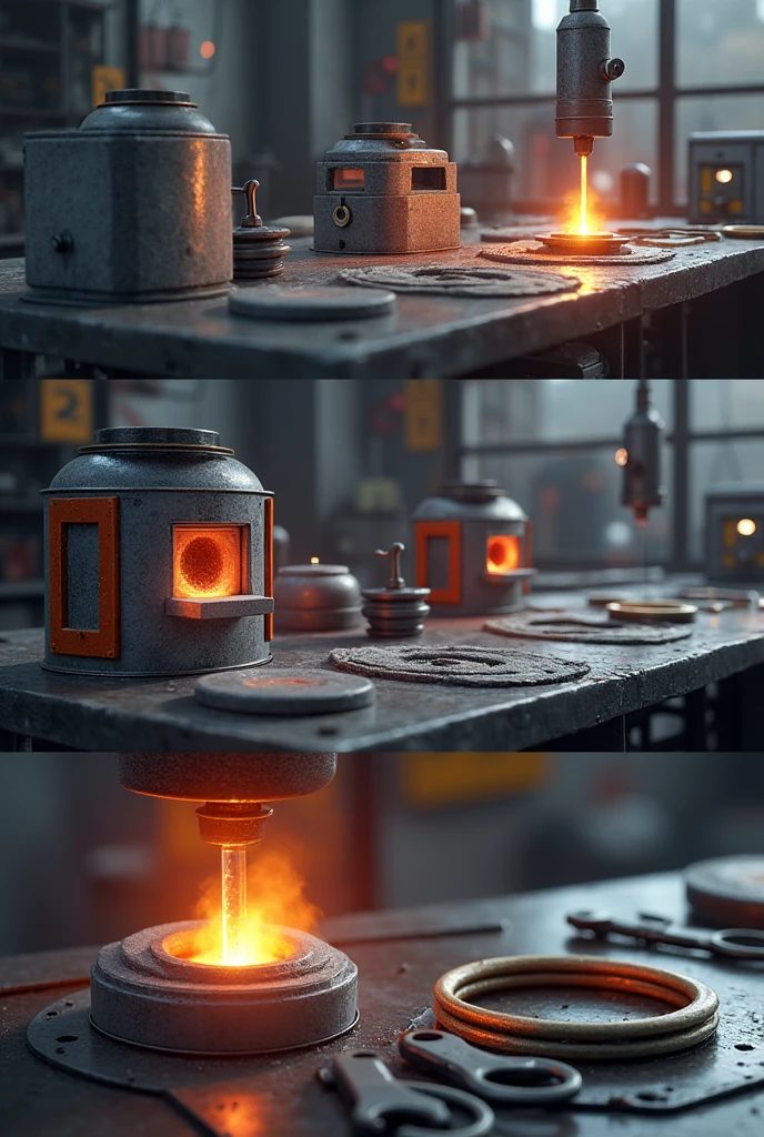 Create an image with these 4 steps 1 3d model creation 2 sand mold 3 aluminum casting 4 pouring the molten aluminum into the molds 5 aluminum keychain 