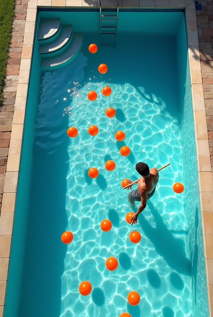 I need an image of a pool containing small inflatable balls that are being distributed by a person. (man) with a stick in the center of the pool. The image must be viewed from a top-down perspective.. But let the whole pool be seen. that the image is larger so that everything can be seen and that the balls are of the same color, in this case orange. GOOD, that the person continues to hold the ball as if he were placing it in different places. And another thing is that the image should be wider, that is to say, that it should be seen from a higher perspective.. Very good is the last image, But I also want the edges or frames to be seen, which define the shape of the pool. This last one seems great to me, make another one like this last one.