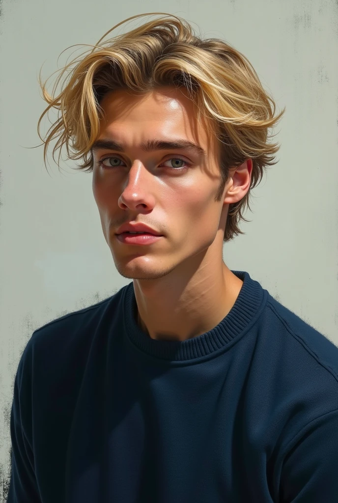 A young blond man,medium short hair,an art,dressed in a dark blue sweater