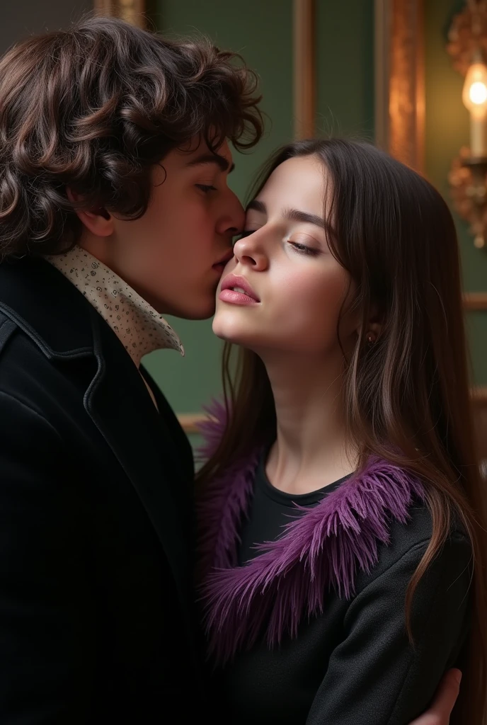 Scherlock Holmes from the BBC Scherlock series licking the neck of a 14 year old girl with long, wavy brown hair wearing a black and purple white fur blouse