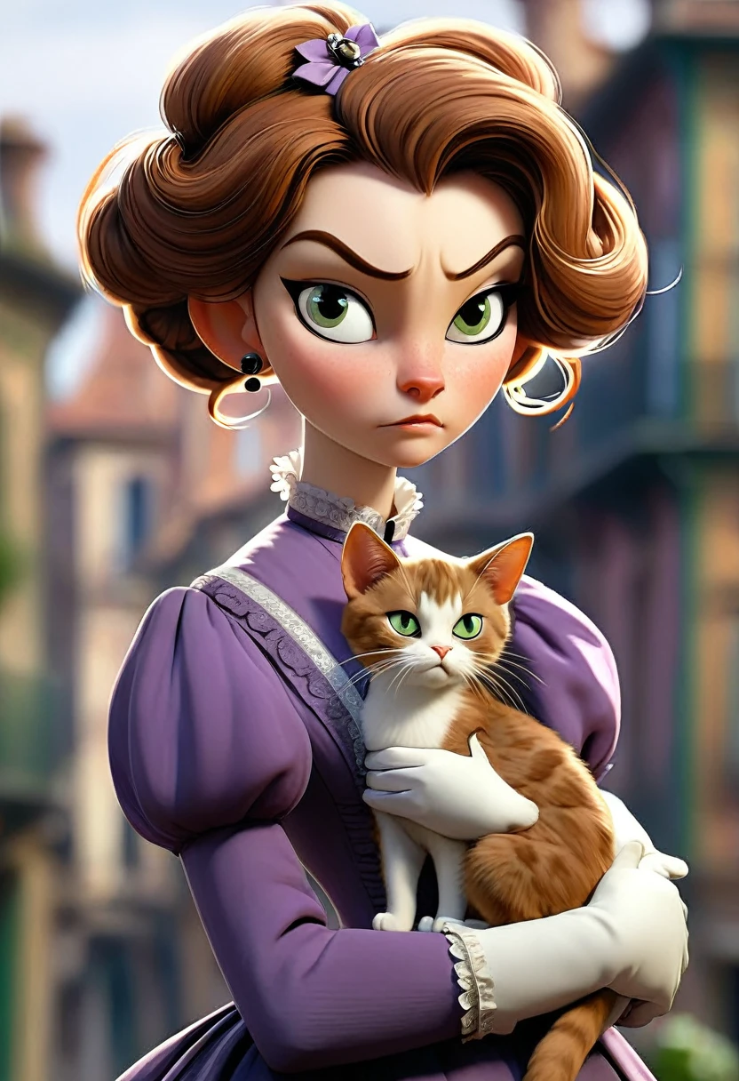 A 20-year-old woman with a hard and cold character, Brown hair updo and locks of hair, purple victorian era dress,green eyes, carrying a cat: black with white, In the background the city of Toulouse, 1880s