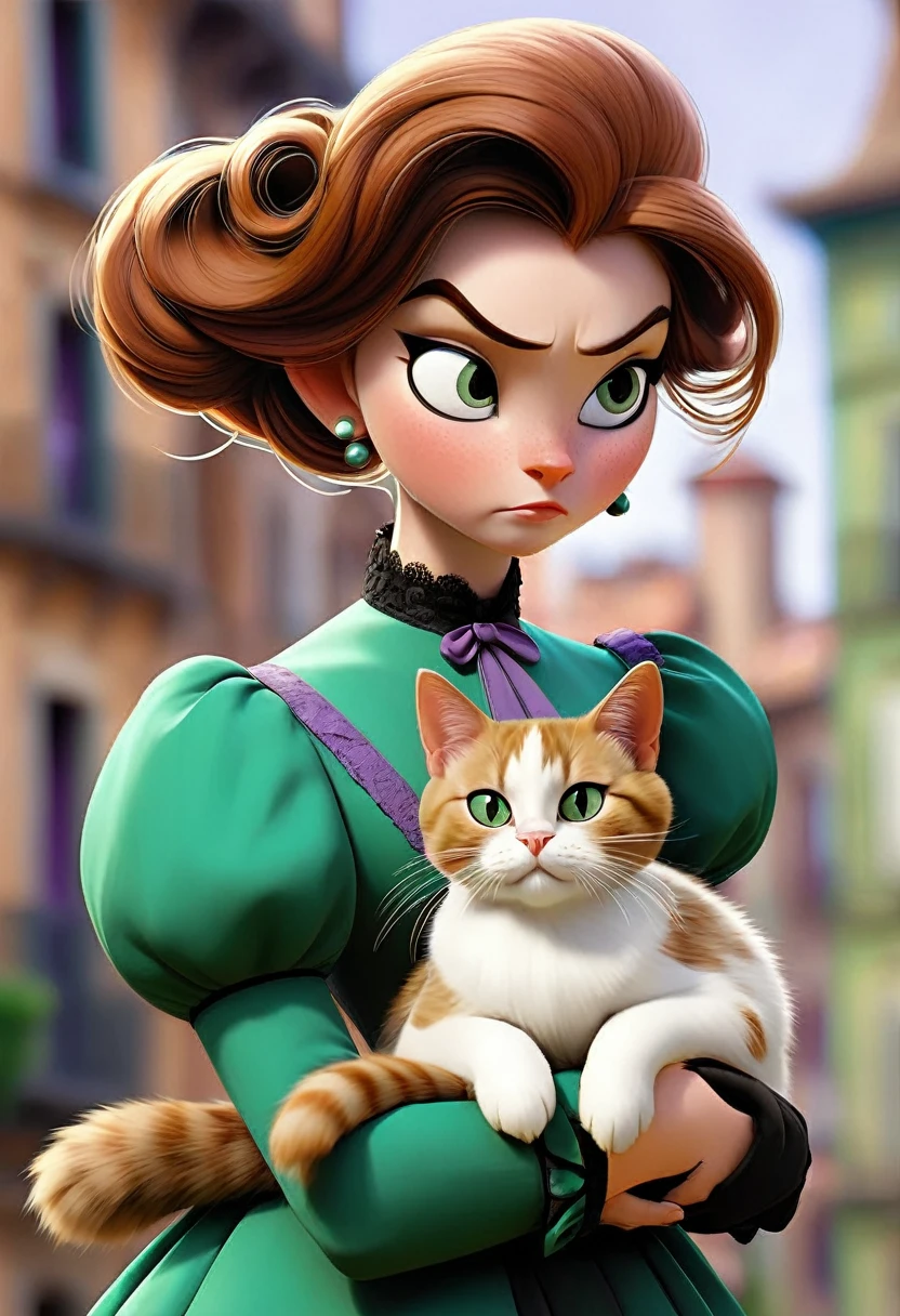 A 20-year-old woman with a hard and cold character, Brown hair updo and locks of hair, purple victorian era dress,green eyes, carrying a cat: black with white, In the background the city of Toulouse, 1880s