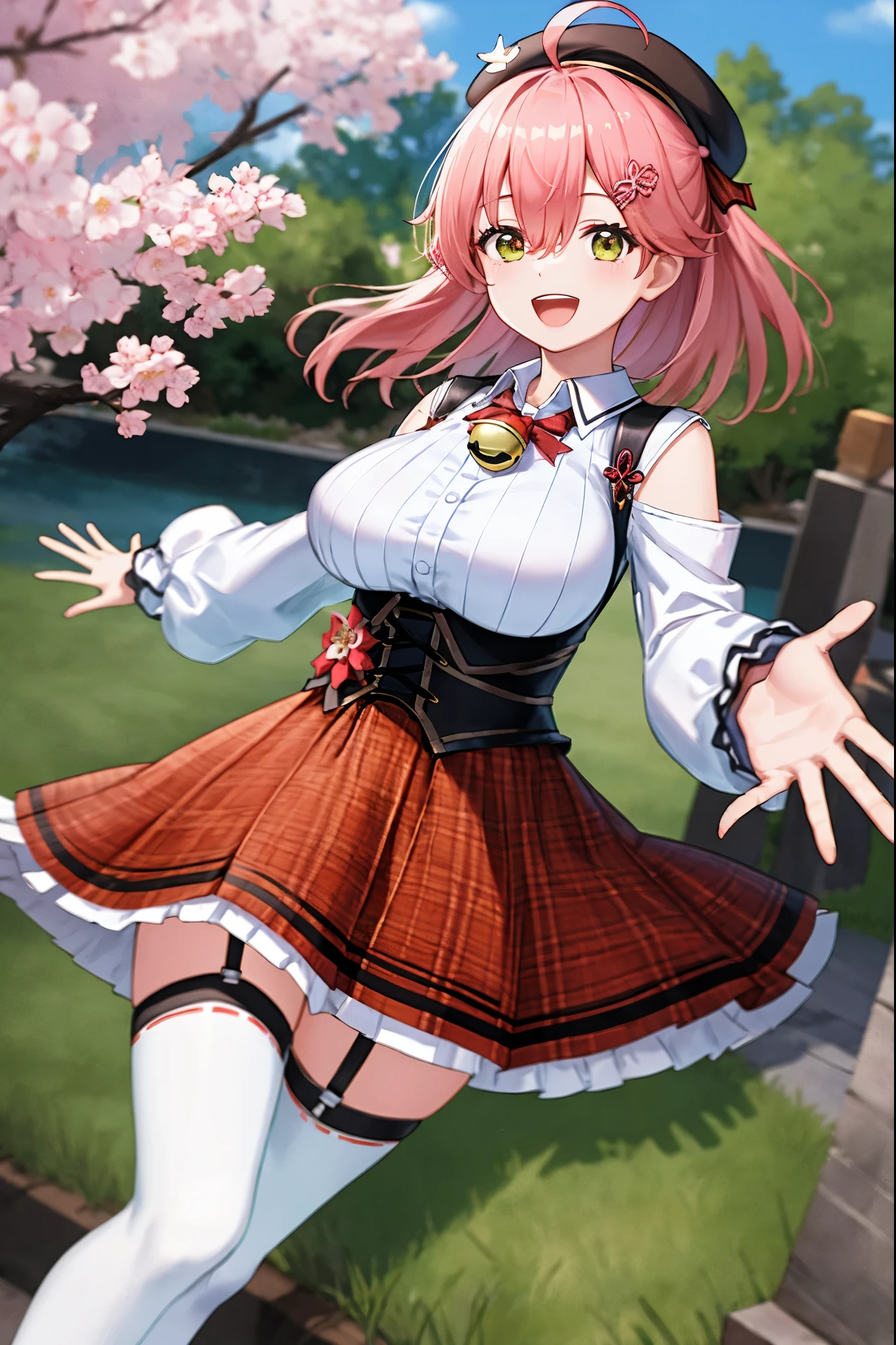 masutepiece, Best_Quality, hight_resolution, miko2,Ponytail, 1girl, Ahoge, black headwear, Hair Ornament, White shirt, black thighhighs, Pink hair, Red_skirt, very_short_skirt, plaid skirts, garter_strap, Collared shirt, hair clips, frilld, Bangs, hair between eye, frills skirt, beret, Pleated skirt, Hair Flower, Neck bell, , puffy long sleeves, Black bow, Underbust, Smile, (large_breasts:1.3),covered_nipples, green_eyes, happy, dynamic_angle,apart_legs,(big_smile:1.2),plump,open_mouth,shout,half_eyes,cherryblossom_park_landscape_background,