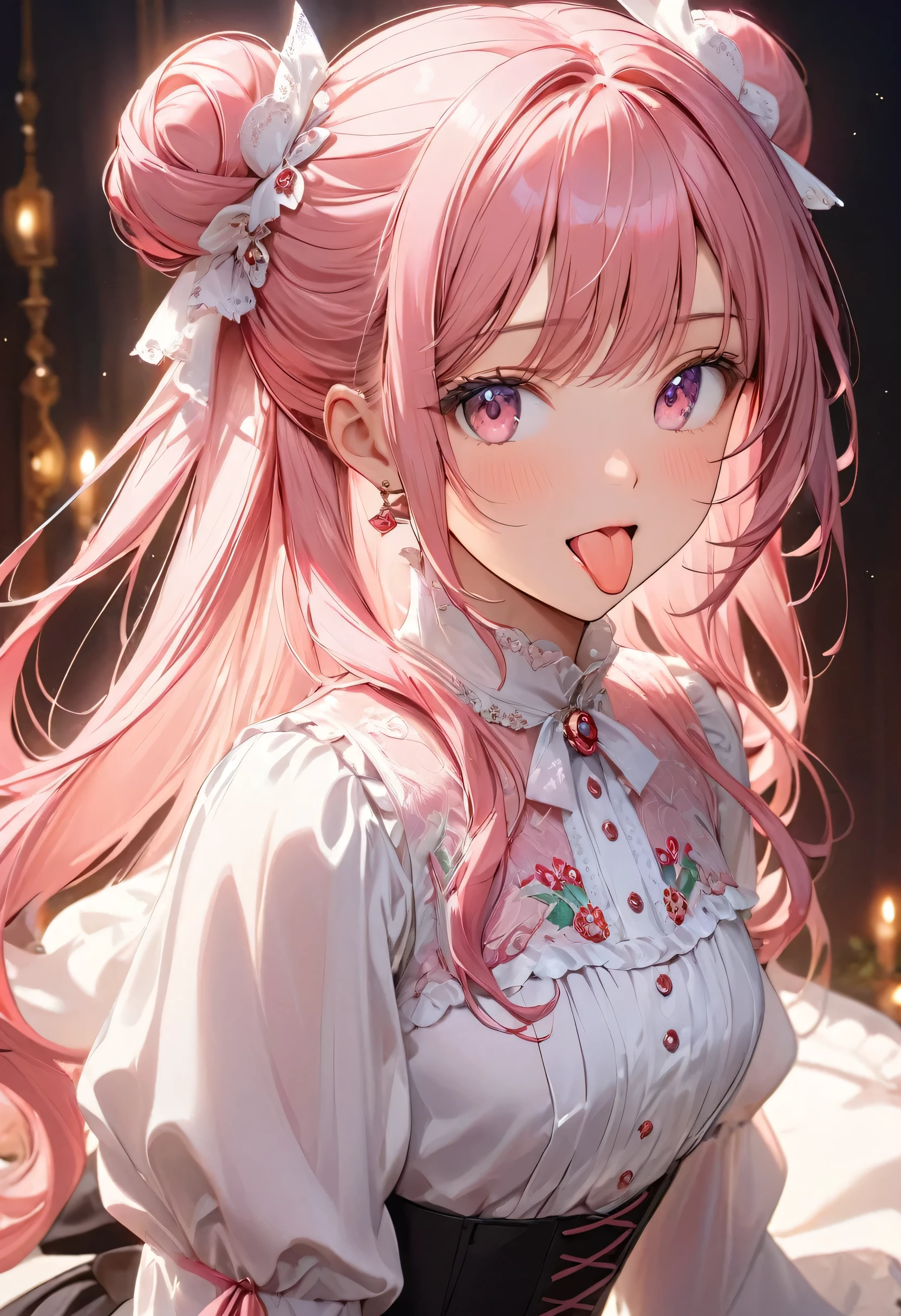 ((Highest quality))、((masterpiece))、(detailed)、High resolution、Perfect Face、detailedな目、 (Hair Ribbon:0.4), Pink Eyes,(((White bun hair))),(((Pink long hair))),Cinematic lighting、1 beautiful girl、victorian blouse、Gorgeous embroidery、Small breasts、Sticking out tongue