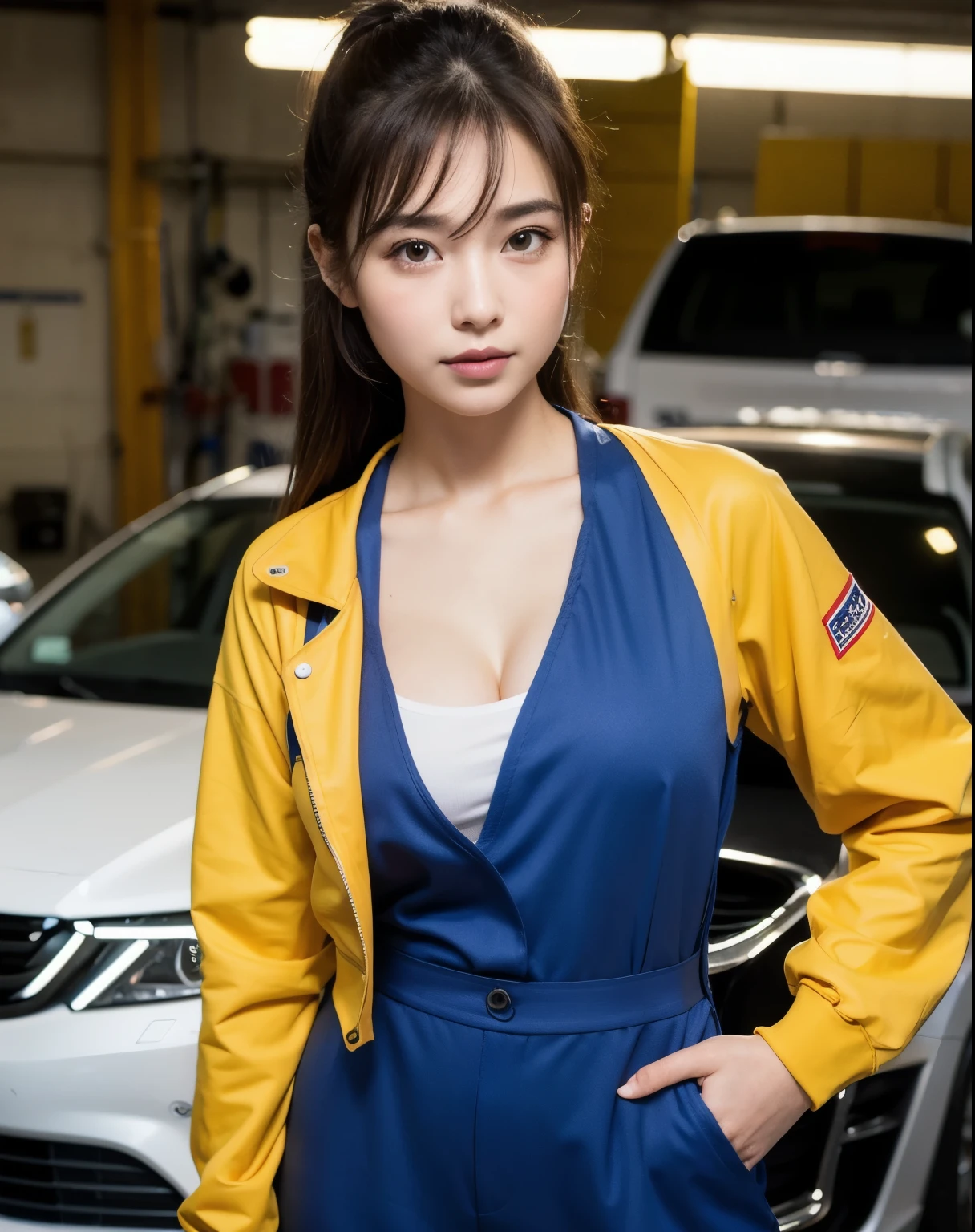 You are a professional photographer。masterpiece、8K、Highest quality, Soft Light, Ultra-high resolution, (Realistic:1.4), RAW Photos,24 years old Japanese girl, alone, cute, Cool women、(pupil, Light in your eyes), Beautiful face in every detail, (Small box),(High resolution detail of human skin texture), Auto Repair Shop、mechanic、Work Style、Wearing a jumpsuit、Wear long-sleeved work clothes、Roll up your sleeves、Car maintenance
、(Portraiture)