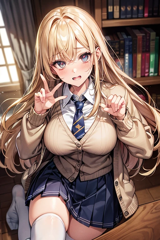 Browsing Caution,(Highest quality, 8k, masterpiece:1.3,beautiful girl), (Very detailed)Glowing Skin,(((Long Hair,blonde,Beautiful Hair))),(Perfect Anatomy, Anatomically correct, Very detailed肌),((Golden Eyes)),((Perfect Fingers,Five Fingers)),((Light blue collared shirt, Navy pleated mini skirt, socks, Navy tie, Light brown cardigan, White knee socks)), Pink Panties, School,library, Knee-high socks, Dynamic Angle,(((Vulgarity))),Embarrassed expression,Knee-high socks on both feet,Holding the crotch,Angle from below,Great style,Love juice overflowing from pussy,Lick your lips with your tongue,Double teeth,Drooling,(((Heart symbol on eye))),I'm Climax,Body-trembling ecstasy,Infatuated,Big Breasts,Big Ass,Peace sign with both hands,Thin pubic hair,Plump body,deep throat