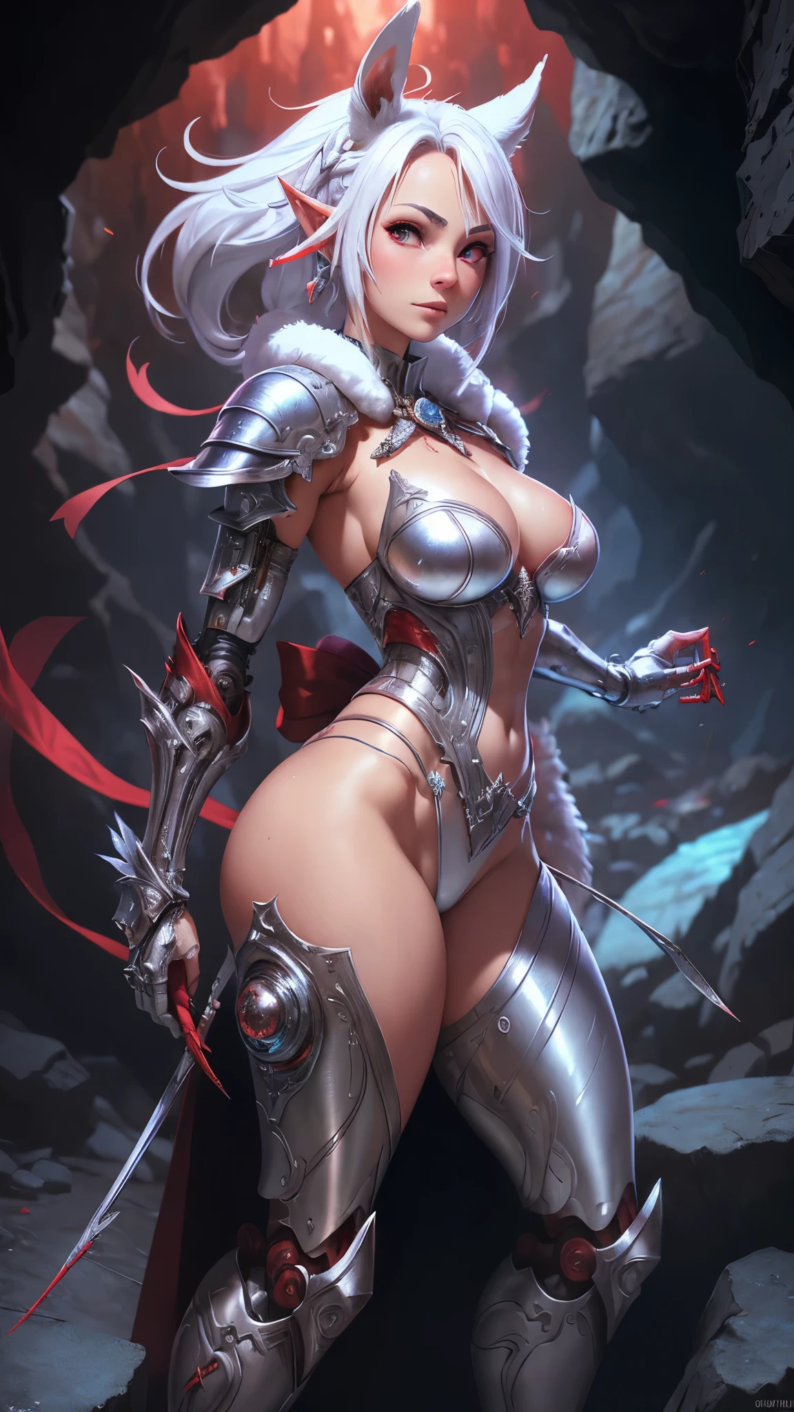 (The best quality,A high resolution,Ultra - detailed,actual),Fran Final Fantasy XII, snow white hair reaching to the waist,( long white ears with hints of brown rabbit fur :1.4) ,(His predominant weapon is the bow and arrows.:1.4),(Her blood red eyes are accompanied by perfectly shaped eyebrows the same color as her hair.:1.4), (extremely provocative clothing:1.4) . Her legs are partially covered by clothing made of dark, shiny metal that leaves parts of her lower limbs uncovered and highlights her buttocks, and connects to double-stiletto heels with sharp claws on the toes.. She wears a bra made of the same material that slightly accentuates the breast area and covers her bare abdomen with a white fabric that manages to be transparent.. Her arms are also partially covered by a cloth with red pointed edges that reaches above the elbows.. Finally, He has a helmet with empty embroidery that completes the shape of his head and the vierna ears rest between two holes at the top., (cowboy pose :1.4), (Fran Final Fantasy XII:1.4), ,(Dungeon ruins background ruins large stones cavern cave :1.4 ), (detailed perfect anatomy :1.4), epic fantasy art style hd, 4K fantasy art, epic fantasy digital art style, epic fantasy art style, Fantasy Woman, epic fantasy art portrait, Epic fantasy style, hyperrealistic fantasy art, hd fantasy art, epic fantasy character art, epic fantasy art, in style of dark fantasy art, epic fantasy digital art, Unreal Engine:1.4,UHD,The best quality:1.4, Photorealistic:1.4, skin texture:1.4, masterpiece:1.8, (cinematic lighting :1.4),( Fran - Final Fantasy XII:V2.1), (cowboy pose :1.4), (bright colors),( vivid colors:1.2 ), (armadura white metallic brillante cyborg :1.4), (cyborg white transparente plastic metallic :1.4), (not mutations), (cowboy pose)), (ojos hermosos rojos :1.4)
