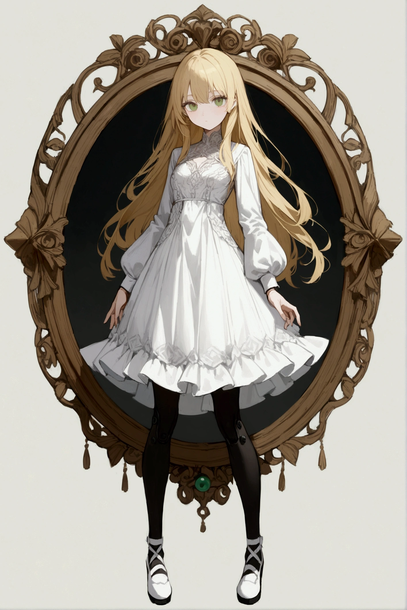 1 woman, alone, white dress, long sleeves ,long hair, blond hair, Green eye, looking at viewer, whole body, small breasts, expressionless, black stockings, White shoes, Ball joints, hat