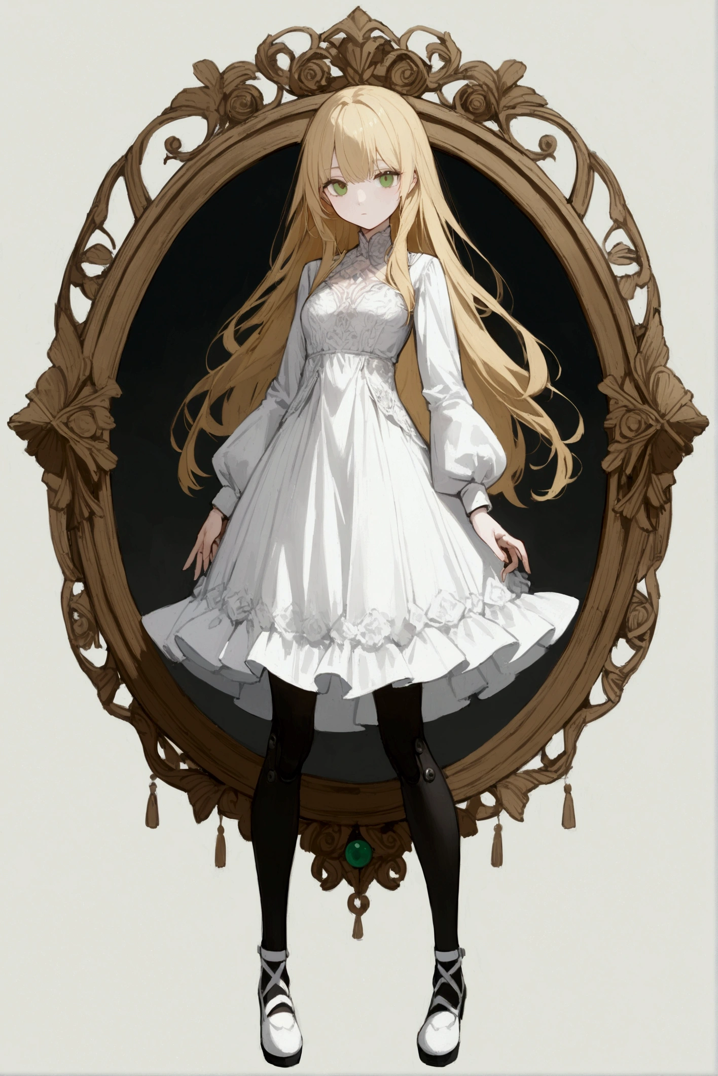 1 woman, alone, white dress, long sleeves ,long hair, blond hair, Green eye, looking at viewer, whole body, small breasts, expressionless, black stockings, White shoes, Ball joints, hat