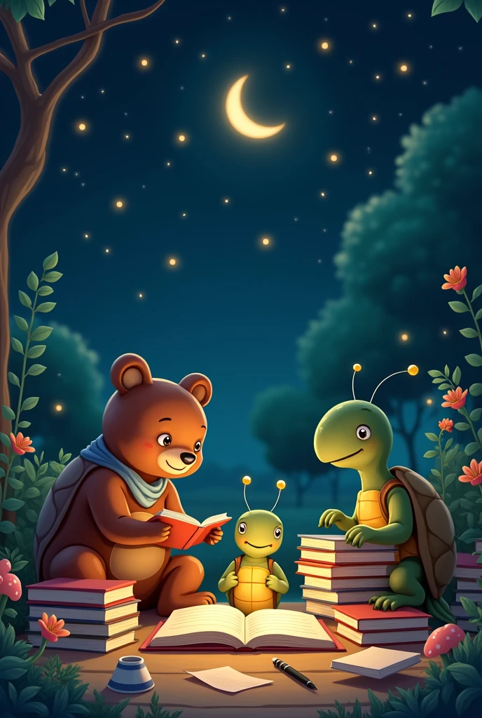 A starry night a bear, Ant, turtle and parrot reading some books animated